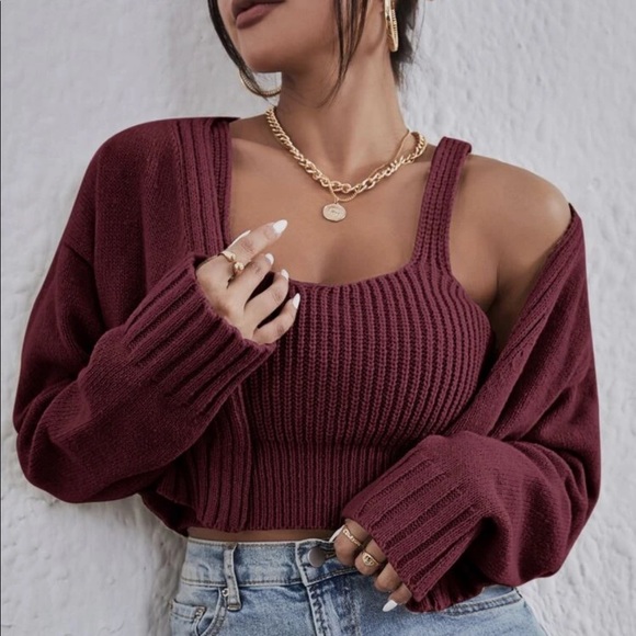 Knit cardigan drop shoulder 2 piece top and sweater khaki boho - Picture 3 of 3